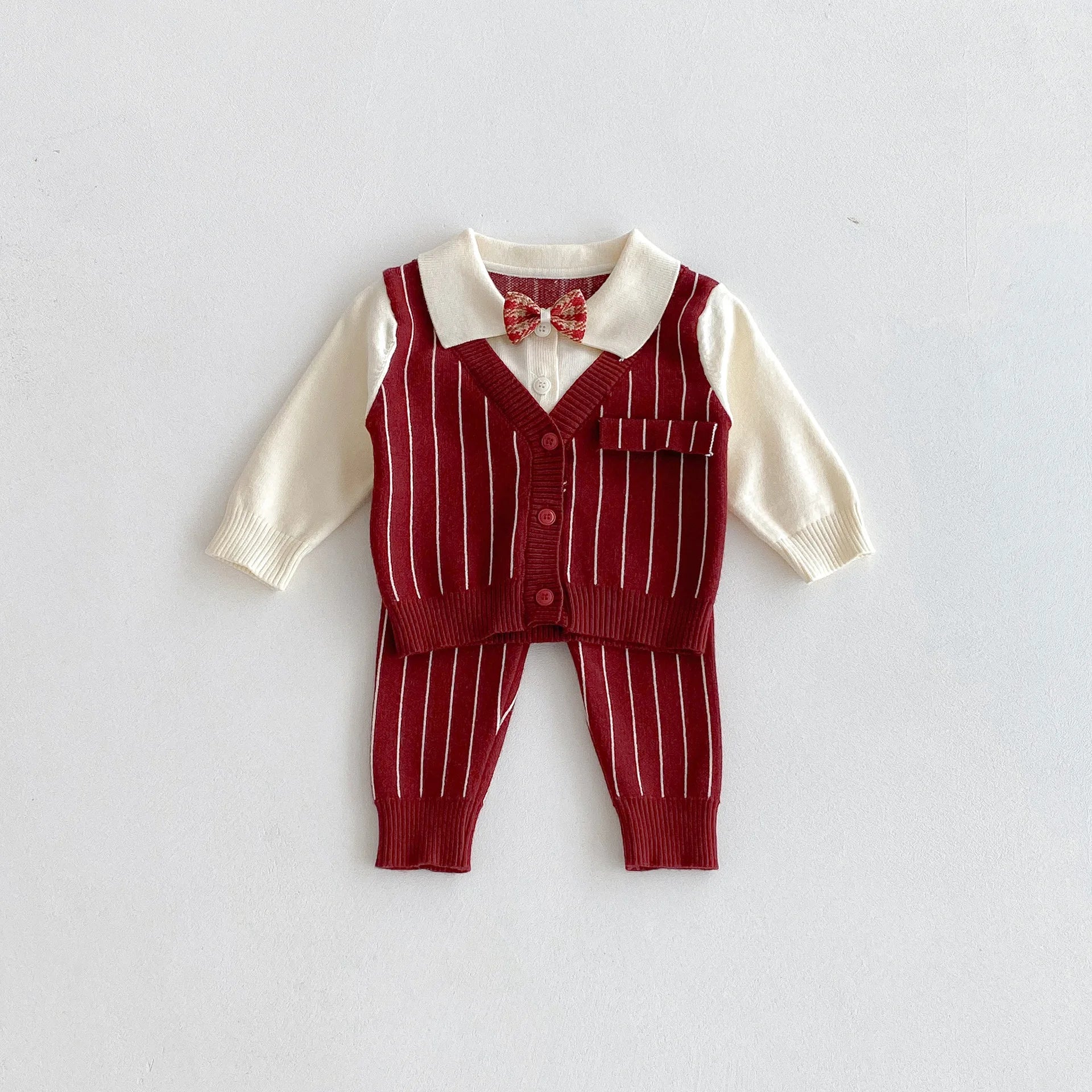 Ensemble Gentleman Bébé – 3 pièces (Chemise + Gilet rayé + Pantalon) | Tenue Chic & Élégante (0-2 ans)