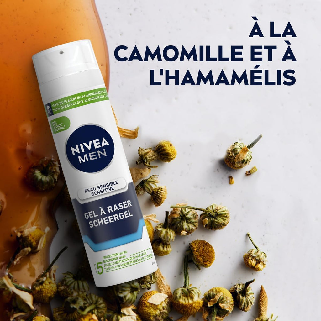MEN Peau Sensible Gel À Raser (1 X 200 Ml), Crème De Rasage Enrichie En Camomille Et En Hamamélis, Soin Rasage 0% Alcool Pour Homme À La Peau Sensible