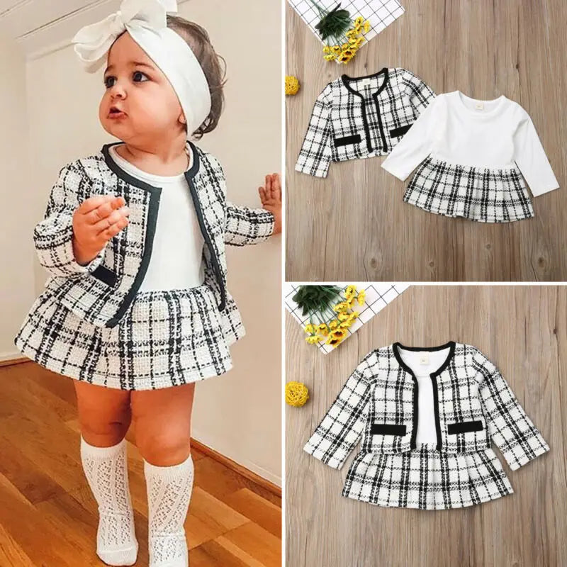 Ensemble 2 pièces Bébé Fille – Manteau à Carreaux & Robe Tutu – Tenue Chic Automne/Hiver