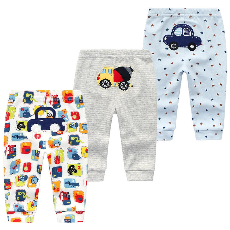Lot de 3 Leggings Bébé en Coton – Pantalons Souples et Confortables avec Motifs Cartoon (0-24 mois)
