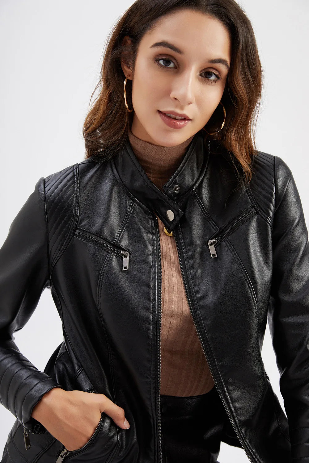 Veste Cuir Femme Slim - Blouson Col Montant Élégant