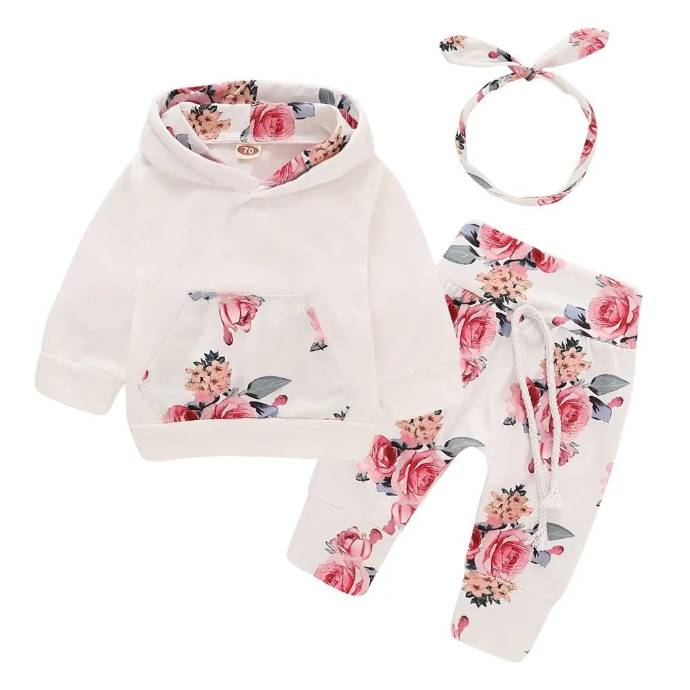Ensemble 3 Pièces Bébé Fille 0-18 Mois - Sweat à Capuche Fleurs + Pantalon + Bandeau