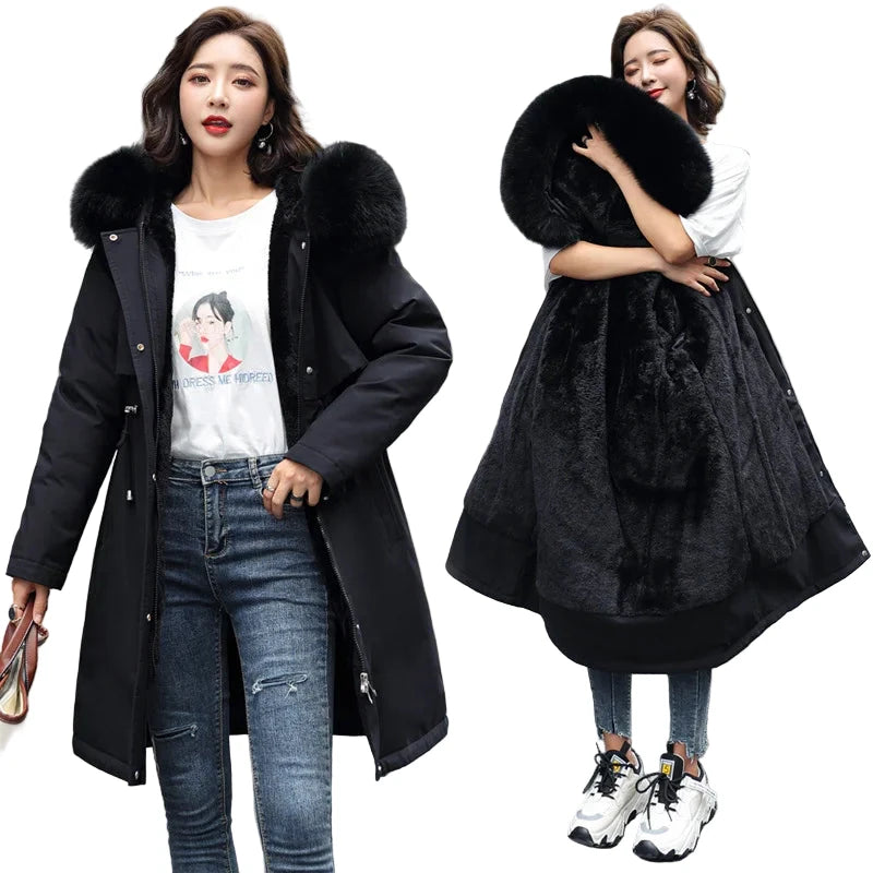 Parka Femme Longue Hiver 2025 - Doublure Laine Col Fourrure Capuche 6XL