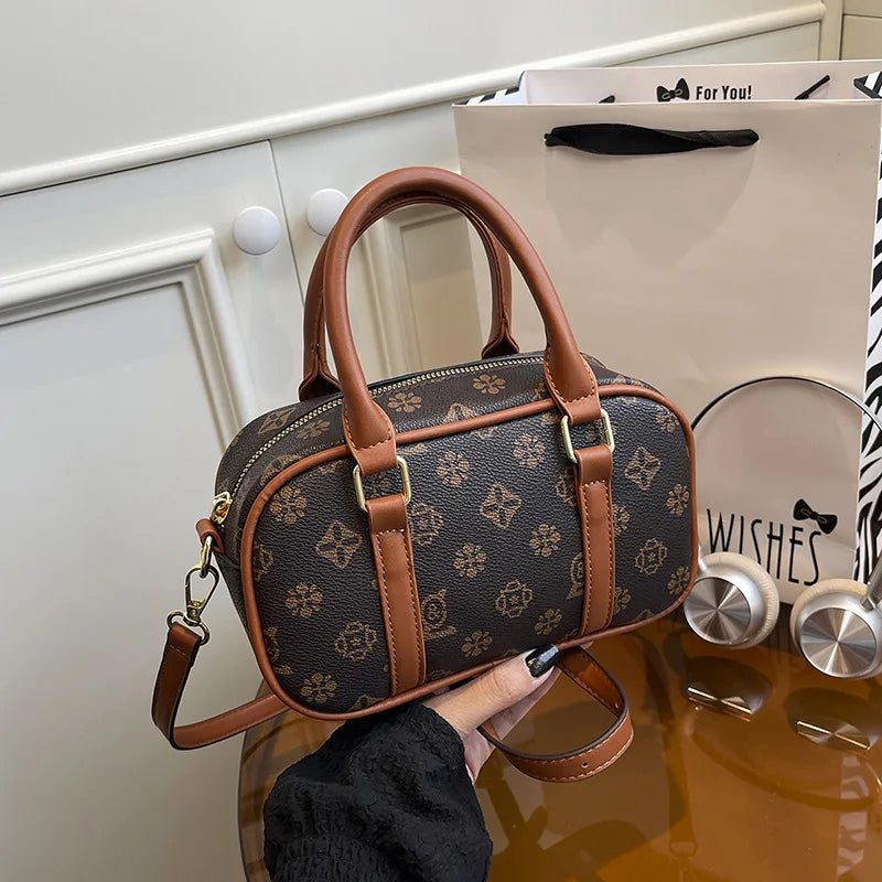 Sac Boston Femme Cuir PU Vintage Monogramme - Bandoulière Crossbody Luxe Designer