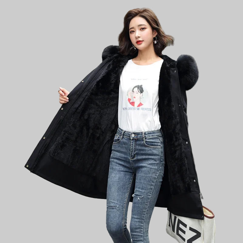 Parka Femme Longue Hiver 2025 - Doublure Laine Col Fourrure Capuche 6XL