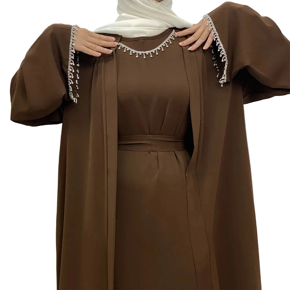 Ensemble Abaya Musulmane Dubai - Robe Sans Manches et Cardigan Long
