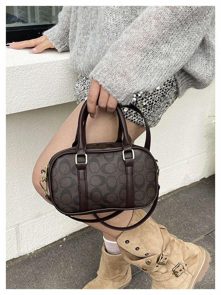 Sac Boston Femme Cuir PU Vintage Monogramme - Bandoulière Crossbody Luxe Designer