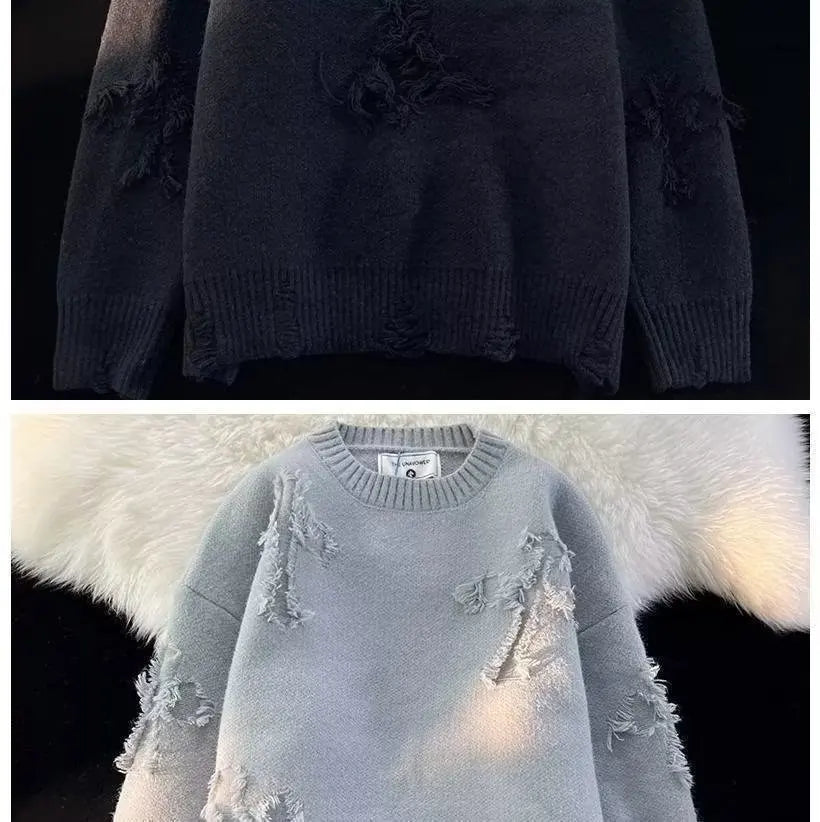 Pull Homme Hiver Ripped – Col Rond, Style Streetwear Américain et Japonais, Couleur Unie, Teenagers, Casual & Trendy