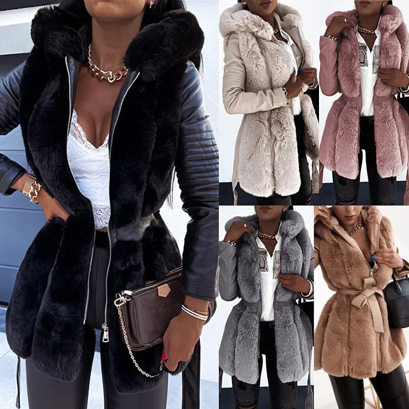 Manteau Femme Fausse Fourrure Long - Veste Chaude à Capuche avec Ceinture Hiver
