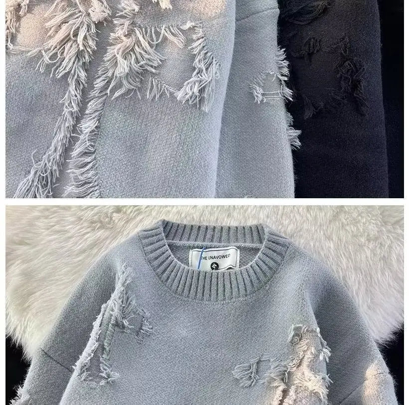 Pull Homme Hiver Ripped – Col Rond, Style Streetwear Américain et Japonais, Couleur Unie, Teenagers, Casual & Trendy