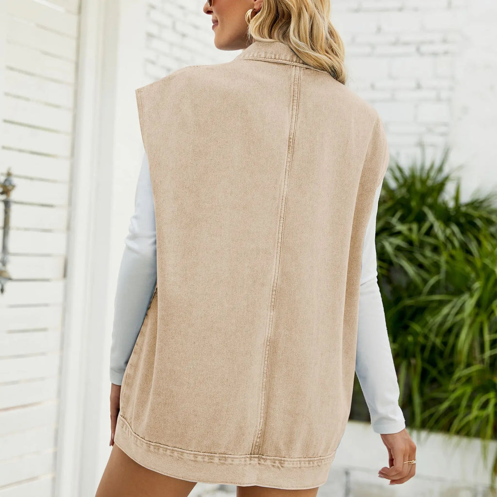 Gilet Jean Femme Sans Manches 2025- Veste Denim Mi-Longue Décontractée