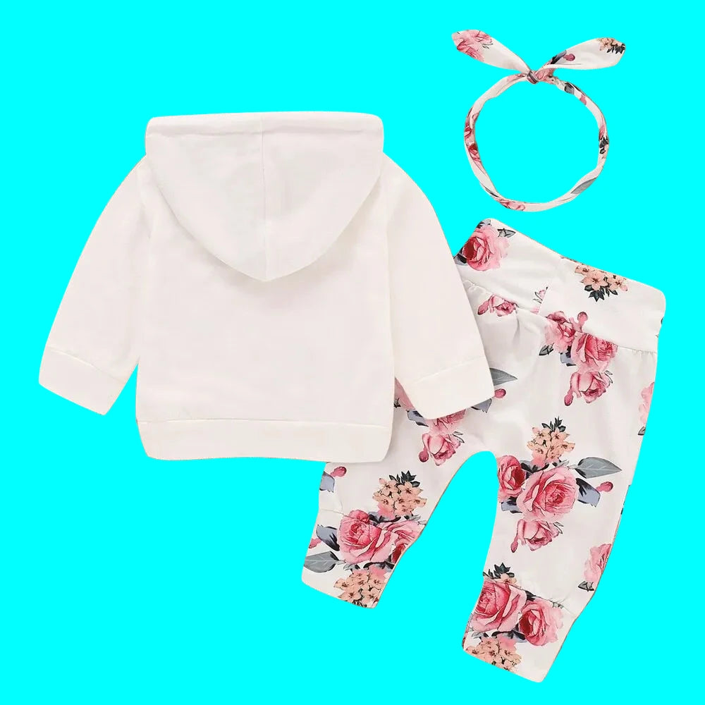Ensemble 3 Pièces Bébé Fille 0-18 Mois - Sweat à Capuche Fleurs + Pantalon + Bandeau