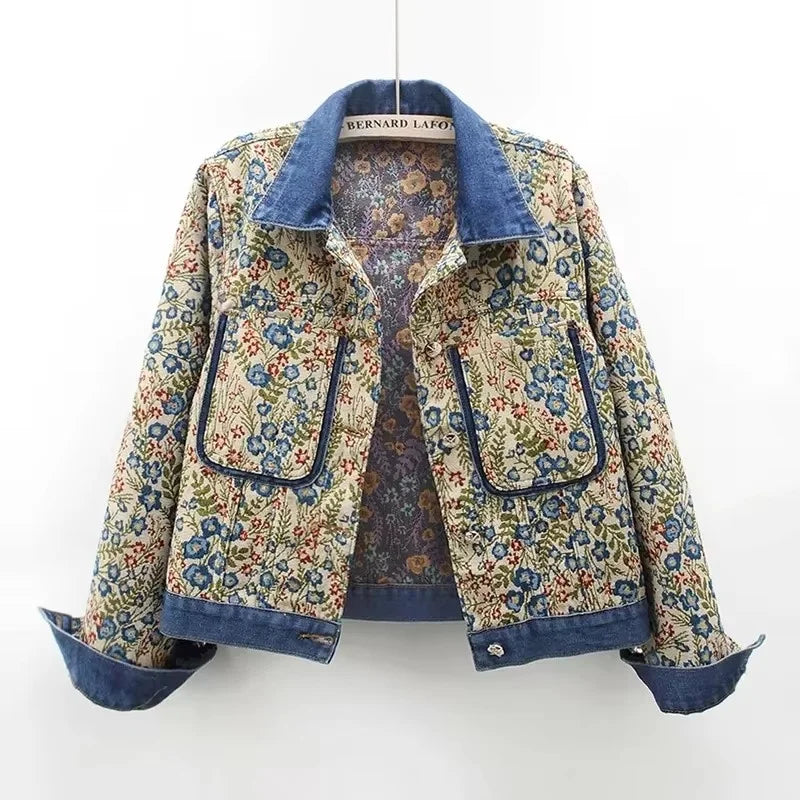 Veste en Denim Jacquard Femme - Style Rétro Printemps Automne