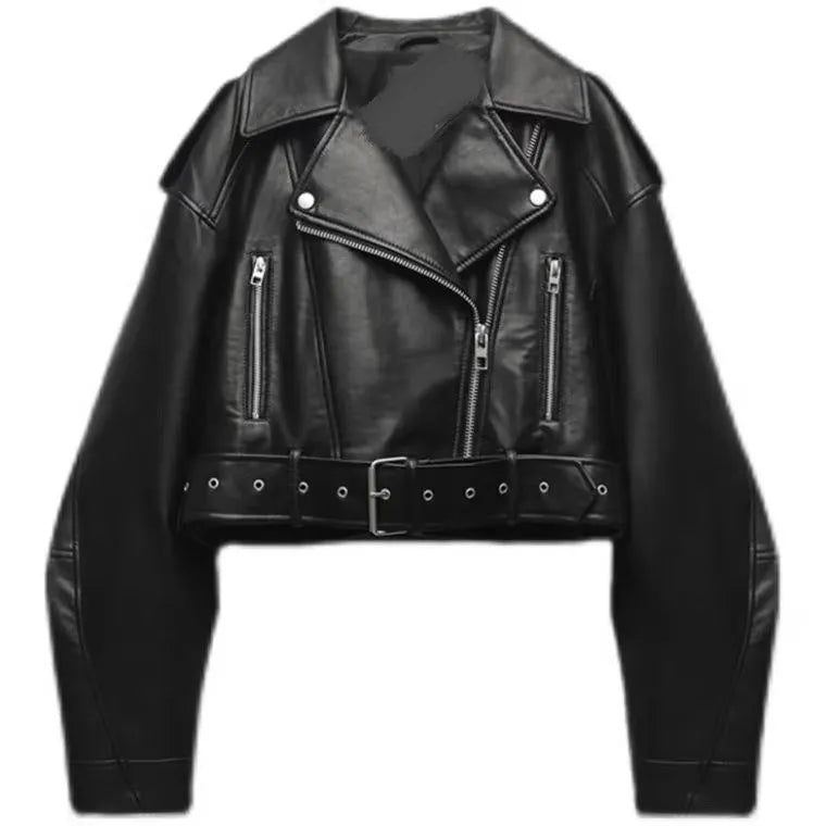 Veste Femme Cuir Synthétique Vintage - Perfecto Moto Rétro avec Ceinture