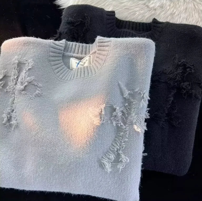 Pull Homme Hiver Ripped – Col Rond, Style Streetwear Américain et Japonais, Couleur Unie, Teenagers, Casual & Trendy