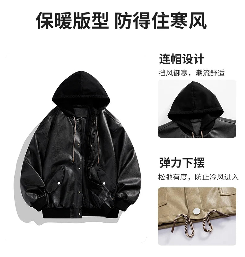 Veste Hoodie Vintage Homme en Similicuir Noir – Style Hip Hop Streetwear Luxe, Blouson PU Cuir Tendance