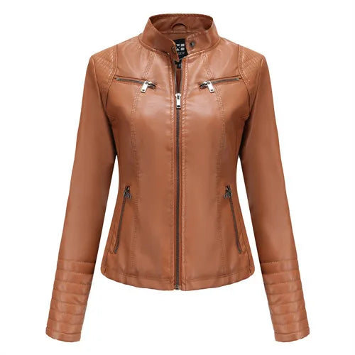 Veste Cuir Femme Slim - Blouson Col Montant Élégant