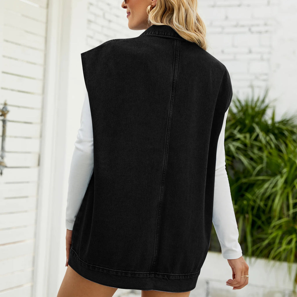 Gilet Jean Femme Sans Manches 2025- Veste Denim Mi-Longue Décontractée