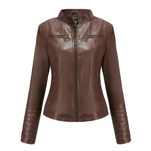 Veste Cuir Femme Slim - Blouson Col Montant Élégant