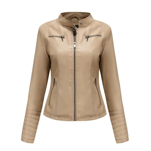 Veste Cuir Femme Slim - Blouson Col Montant Élégant