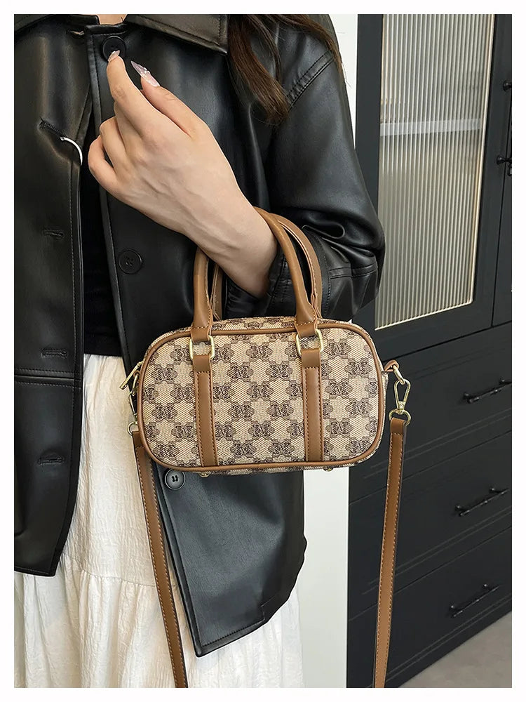 Sac Boston Femme Cuir PU Vintage Monogramme - Bandoulière Crossbody Luxe Designer