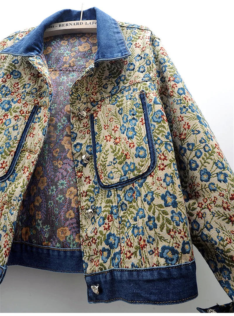 Veste en Denim Jacquard Femme - Style Rétro Printemps Automne