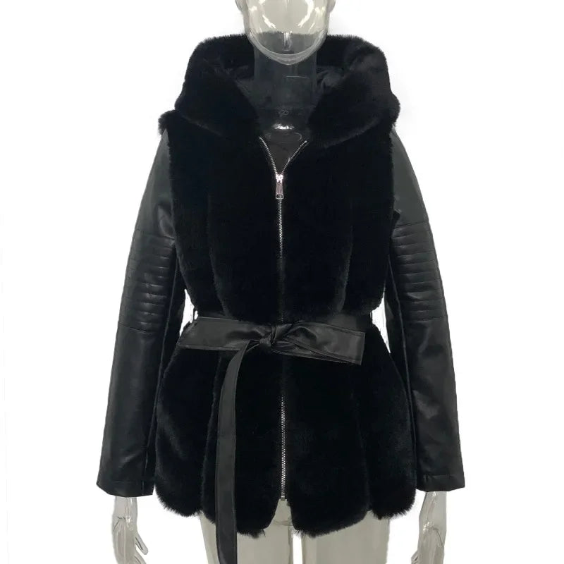 Manteau Femme Fausse Fourrure Long - Veste Chaude à Capuche avec Ceinture Hiver