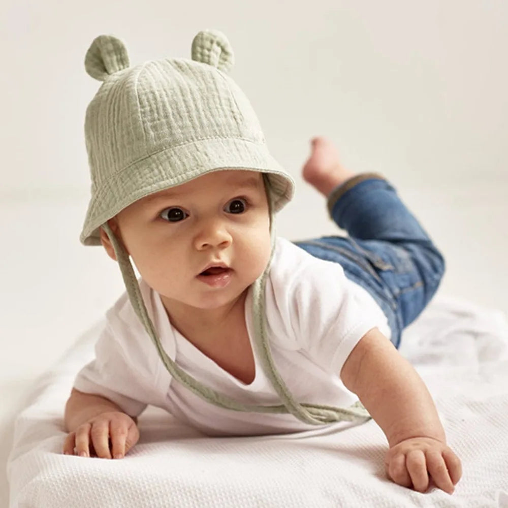Chapeau Bébé en Coton – Casquette Bob avec Oreilles 🐻 | Protection Soleil – 3 à 12 mois