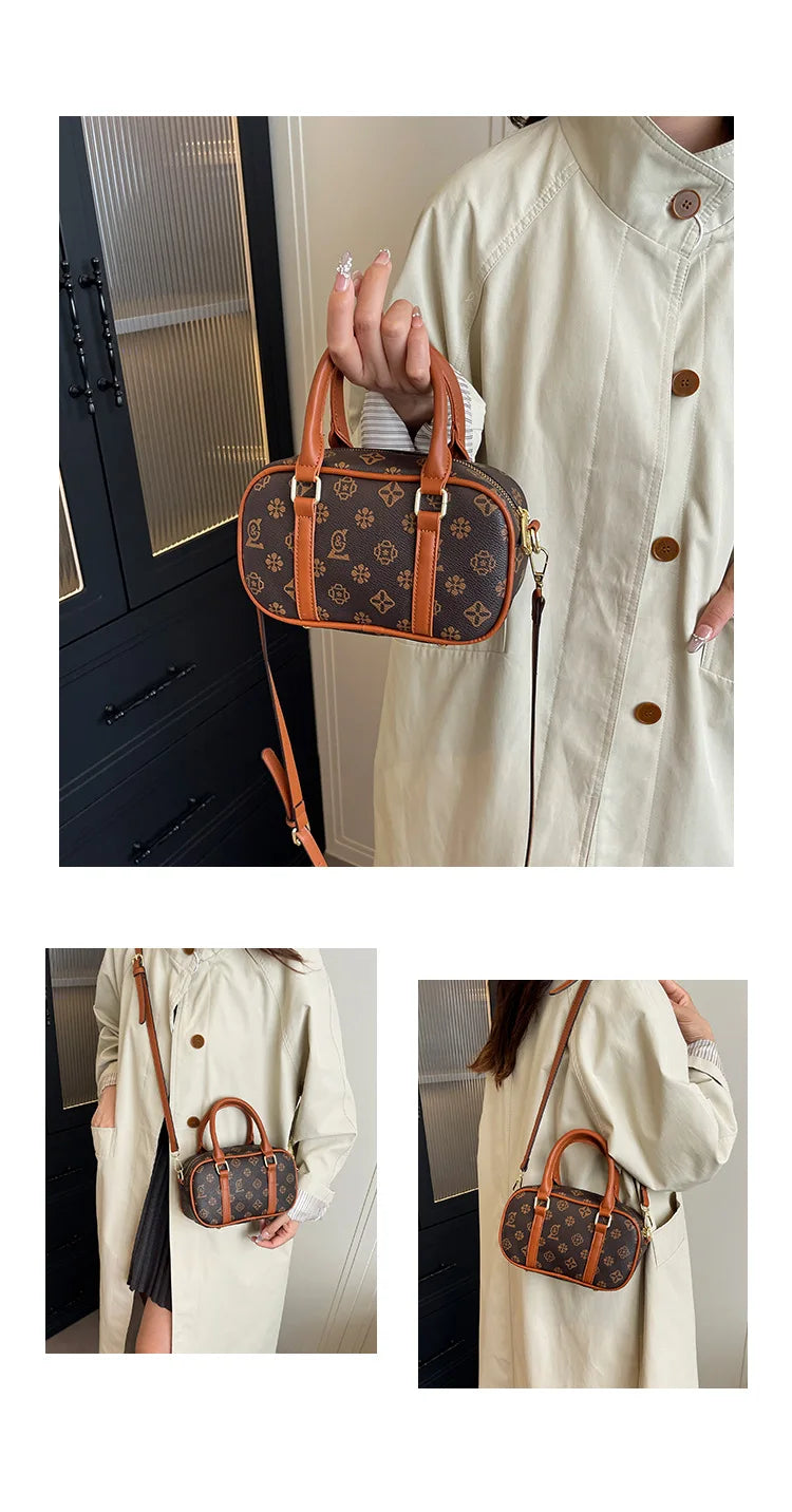 Sac Boston Femme Cuir PU Vintage Monogramme - Bandoulière Crossbody Luxe Designer