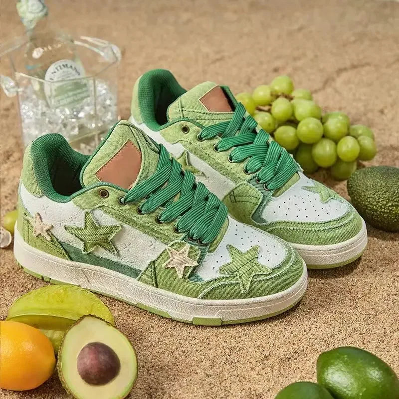 Baskets Femme Vert Étoile – Sneakers en Denim Style Skateboard