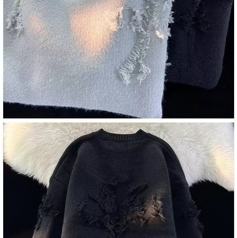 Pull Homme Hiver Ripped – Col Rond, Style Streetwear Américain et Japonais, Couleur Unie, Teenagers, Casual & Trendy