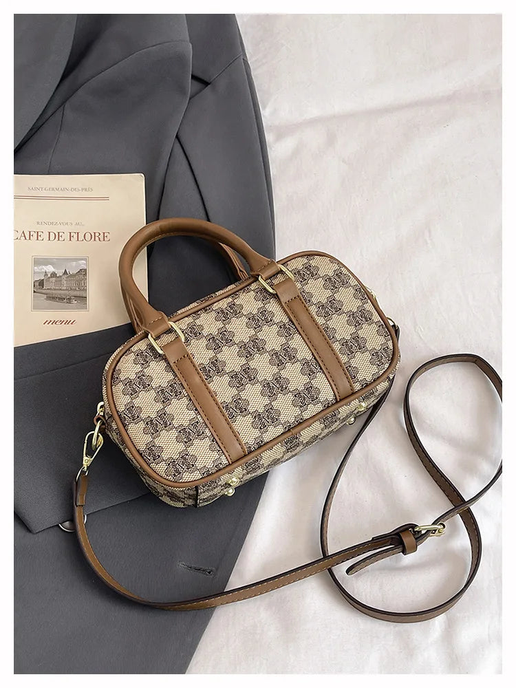 Sac Boston Femme Cuir PU Vintage Monogramme - Bandoulière Crossbody Luxe Designer