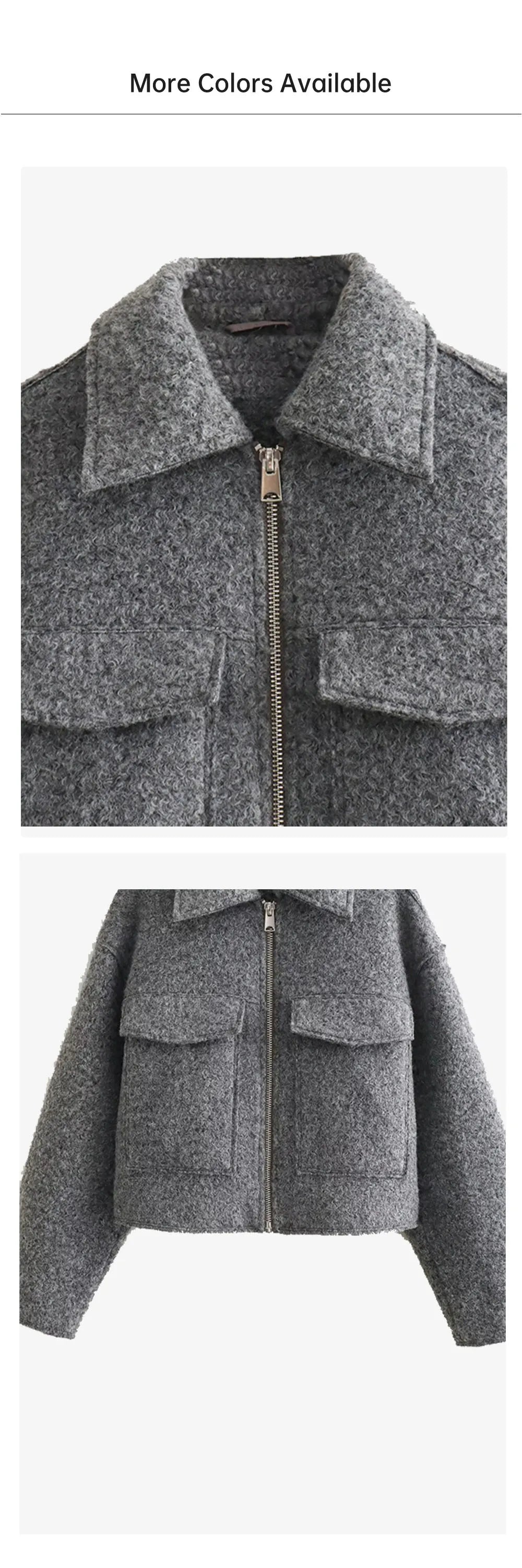 Veste Femme Laine Col Polo - Manteau Court Zippé Automne Hiver