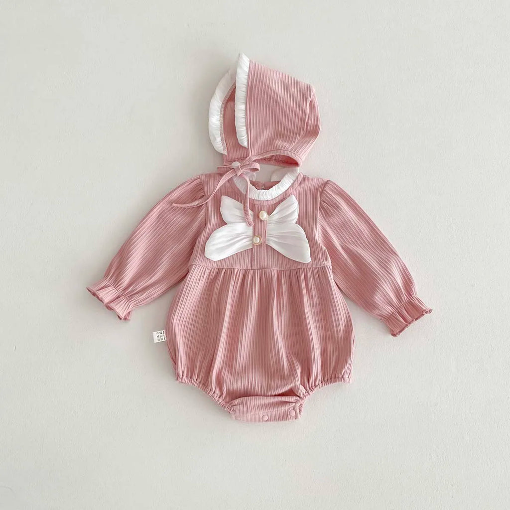 Barboteuse Bébé avec Chapeau & Grand Nœud – Tenue Mignonne pour Filles (0-24 mois)