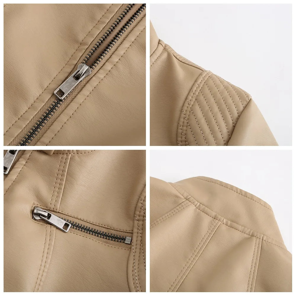 Veste Cuir Femme Slim - Blouson Col Montant Élégant