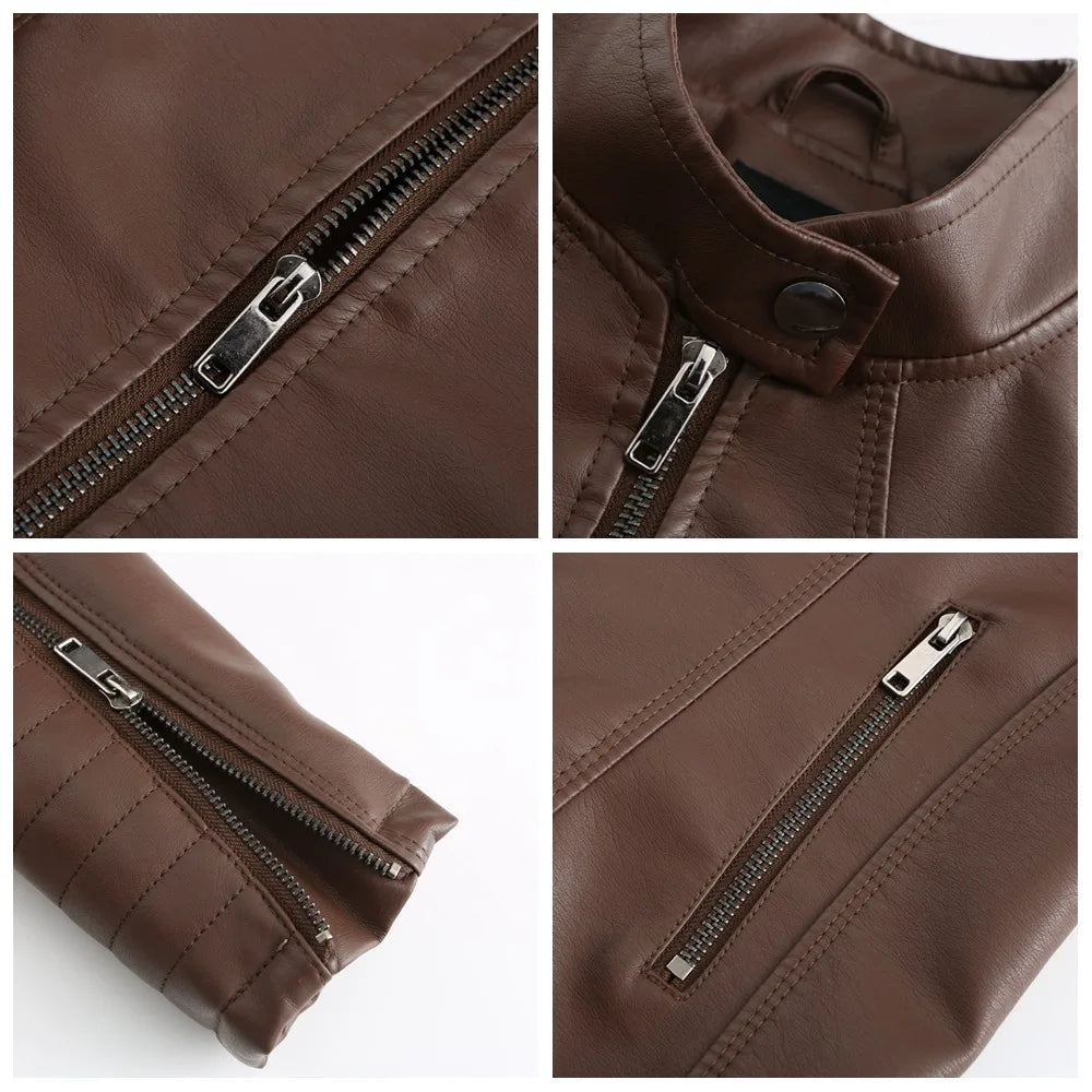 Veste Cuir Femme Slim - Blouson Col Montant Élégant