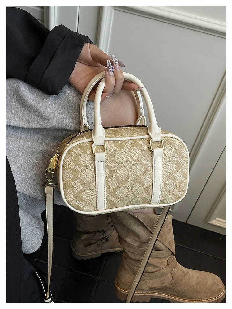 Sac Boston Femme Cuir PU Vintage Monogramme - Bandoulière Crossbody Luxe Designer