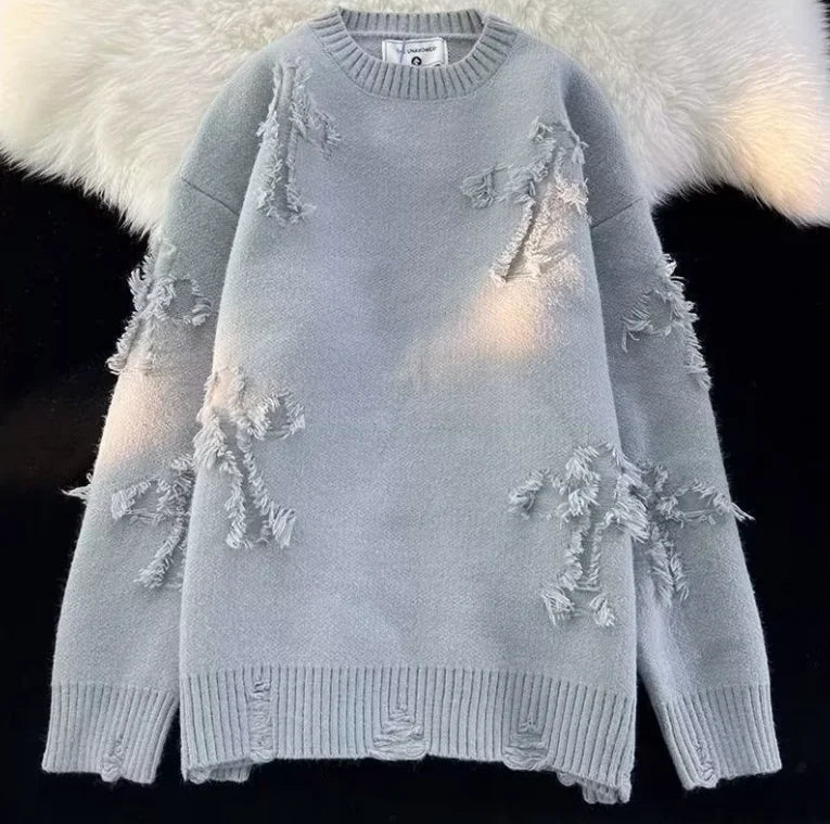 Pull Homme Hiver Ripped – Col Rond, Style Streetwear Américain et Japonais, Couleur Unie, Teenagers, Casual & Trendy