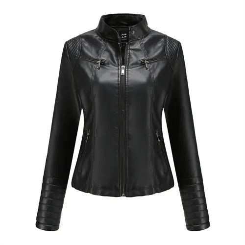 Veste Cuir Femme Slim - Blouson Col Montant Élégant