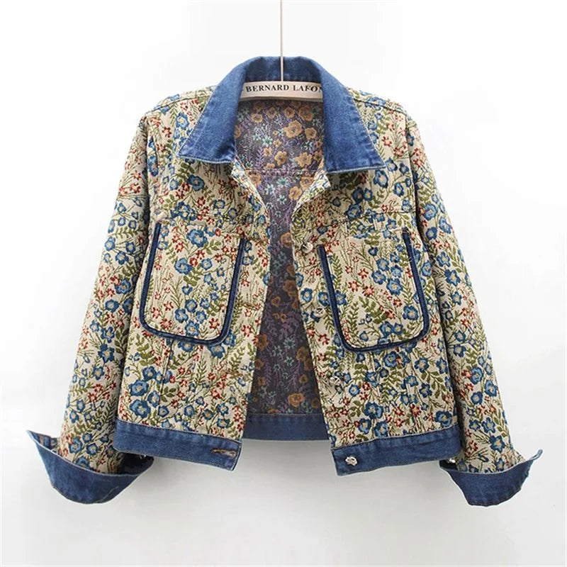 Veste en Denim Jacquard Femme - Style Rétro Printemps Automne