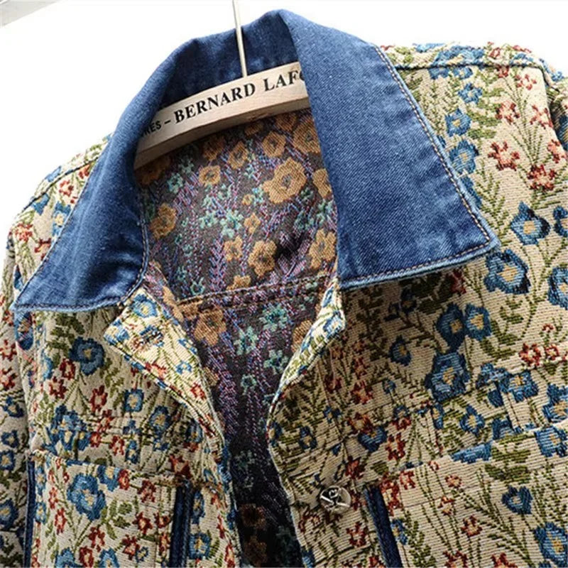 Veste en Denim Jacquard Femme - Style Rétro Printemps Automne