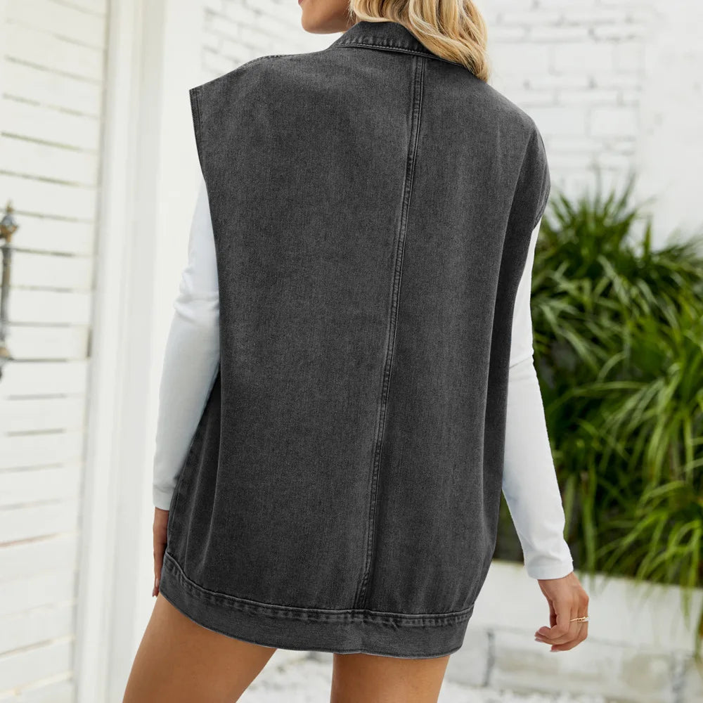 Gilet Jean Femme Sans Manches 2025- Veste Denim Mi-Longue Décontractée