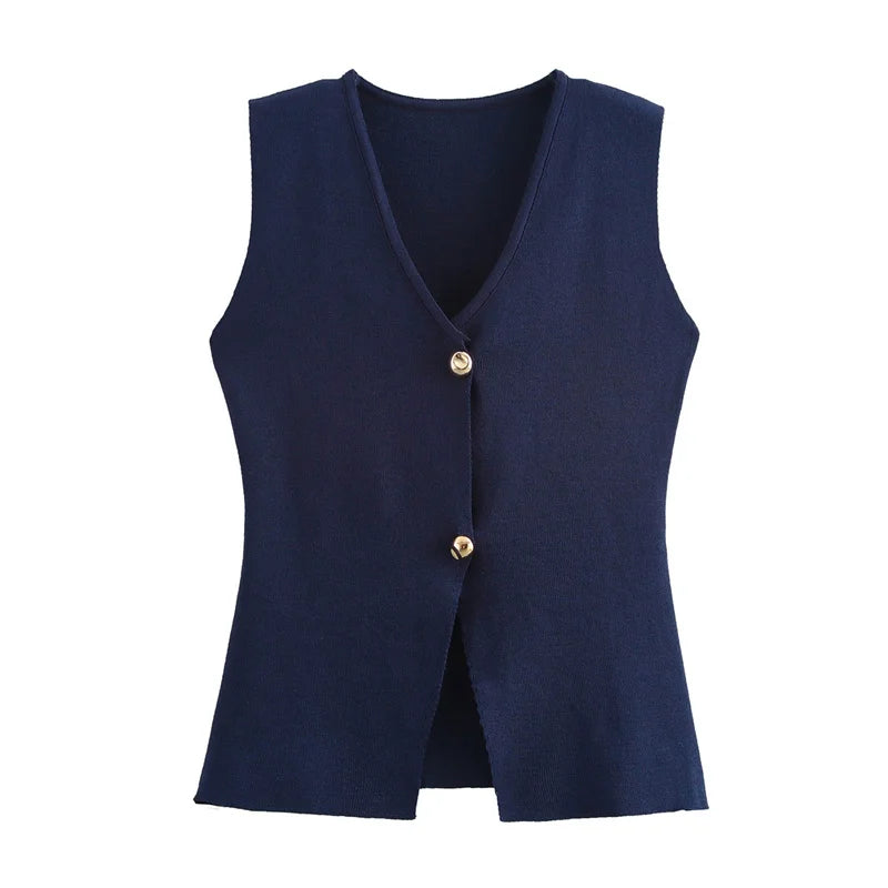 Gilet Femme en Maille – Débardeur Sans Manches avec Boutons, Style Été/Printemps