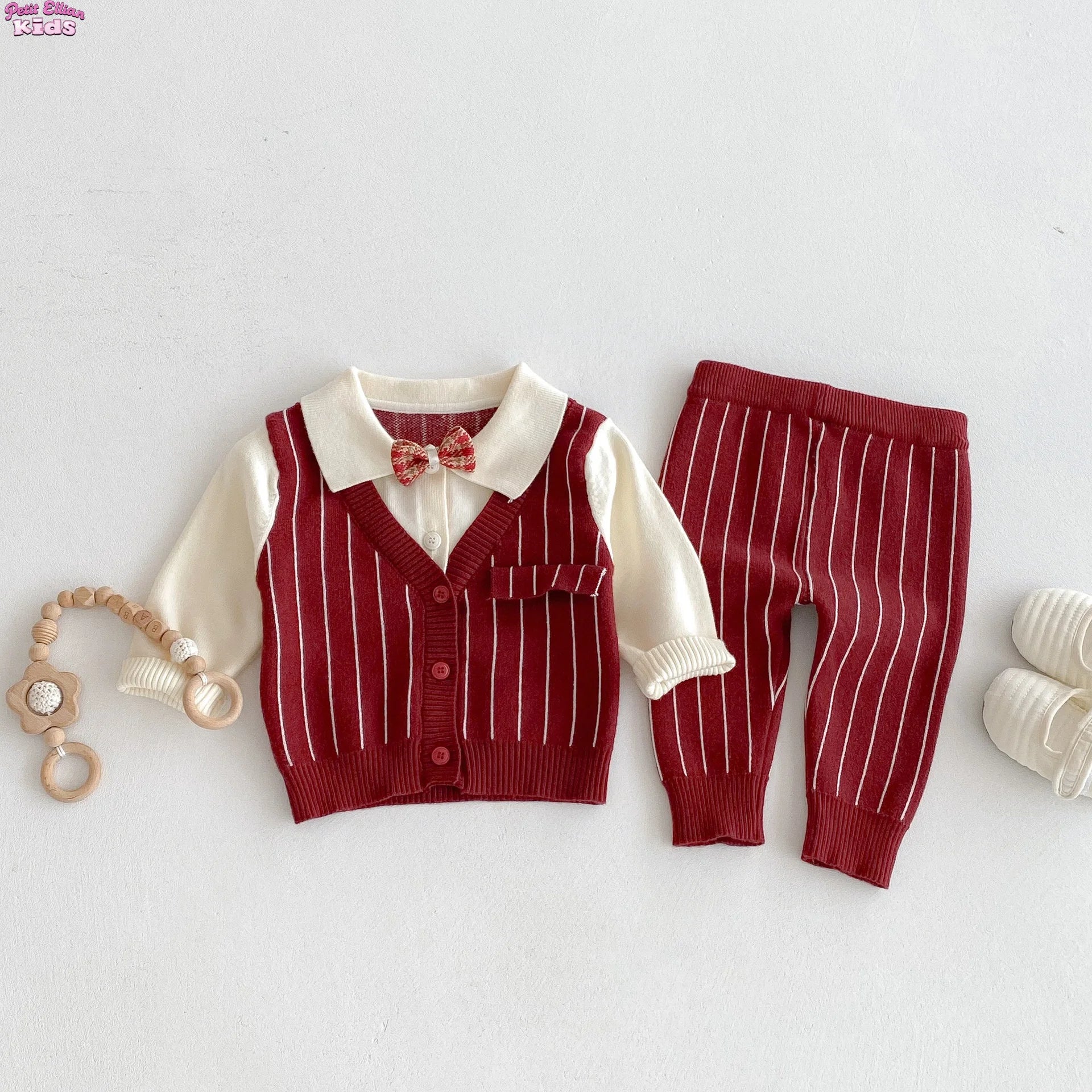 Ensemble Gentleman Bébé – 3 pièces (Chemise + Gilet rayé + Pantalon) | Tenue Chic & Élégante (0-2 ans)