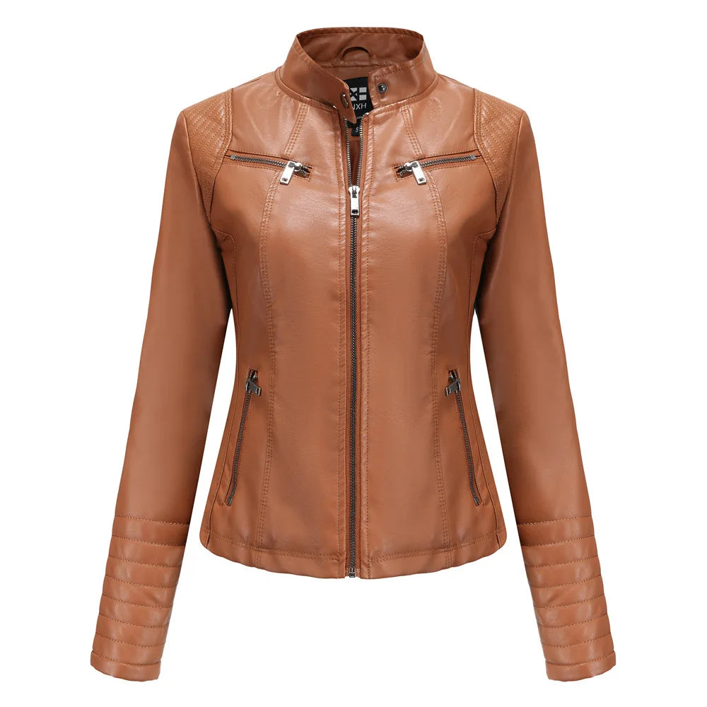 Veste Cuir Femme Slim - Blouson Col Montant Élégant
