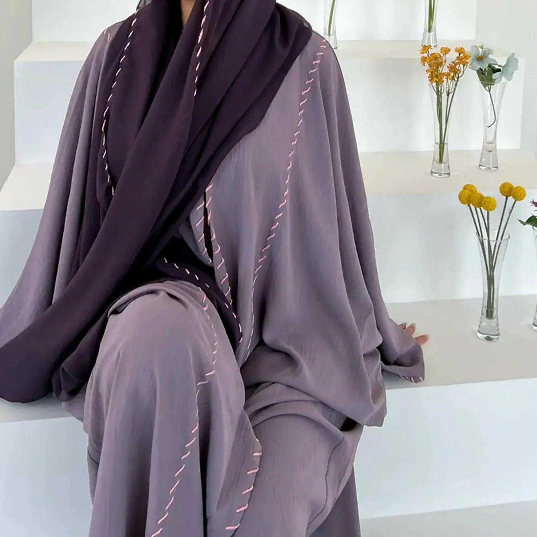 Abaya Femme Musulmane 2 Pièces avec Hijab - Robe Longue Élégante + Cardigan pour Ramadan, Eid et Occasions Spéciales