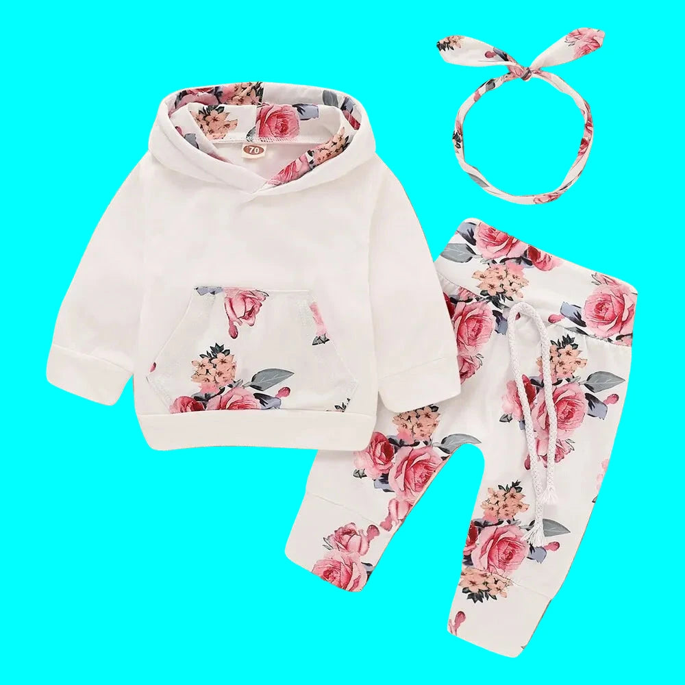 Ensemble 3 Pièces Bébé Fille 0-18 Mois - Sweat à Capuche Fleurs + Pantalon + Bandeau