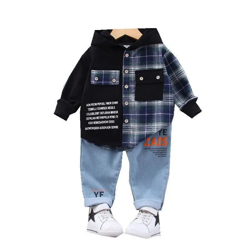 Ensemble Garçon 2 Pièces – Chemise à Carreaux + Jean Décontracté – Mode Automne/Printemps (4-6 ans)