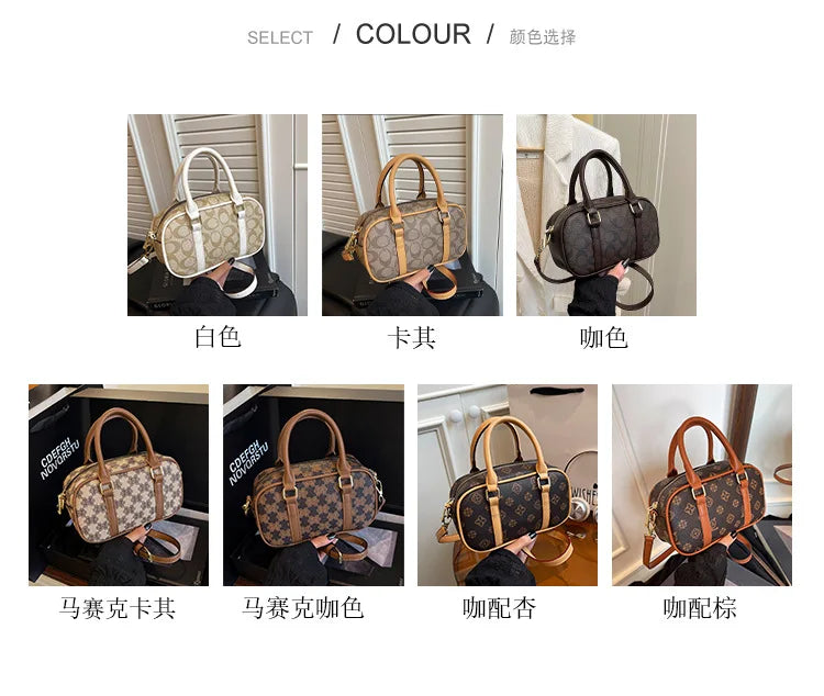 Sac Boston Femme Cuir PU Vintage Monogramme - Bandoulière Crossbody Luxe Designer