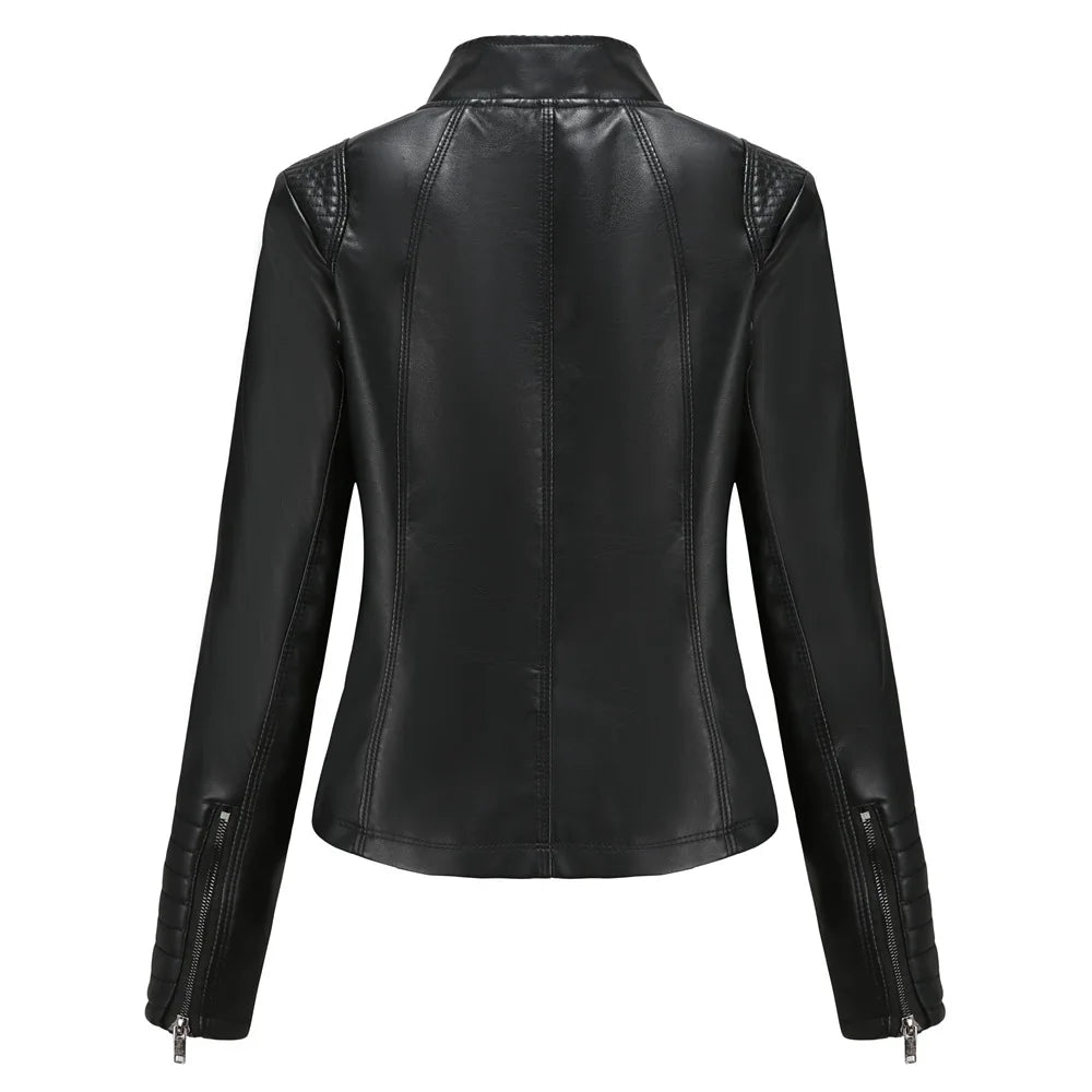 Veste Cuir Femme Slim - Blouson Col Montant Élégant